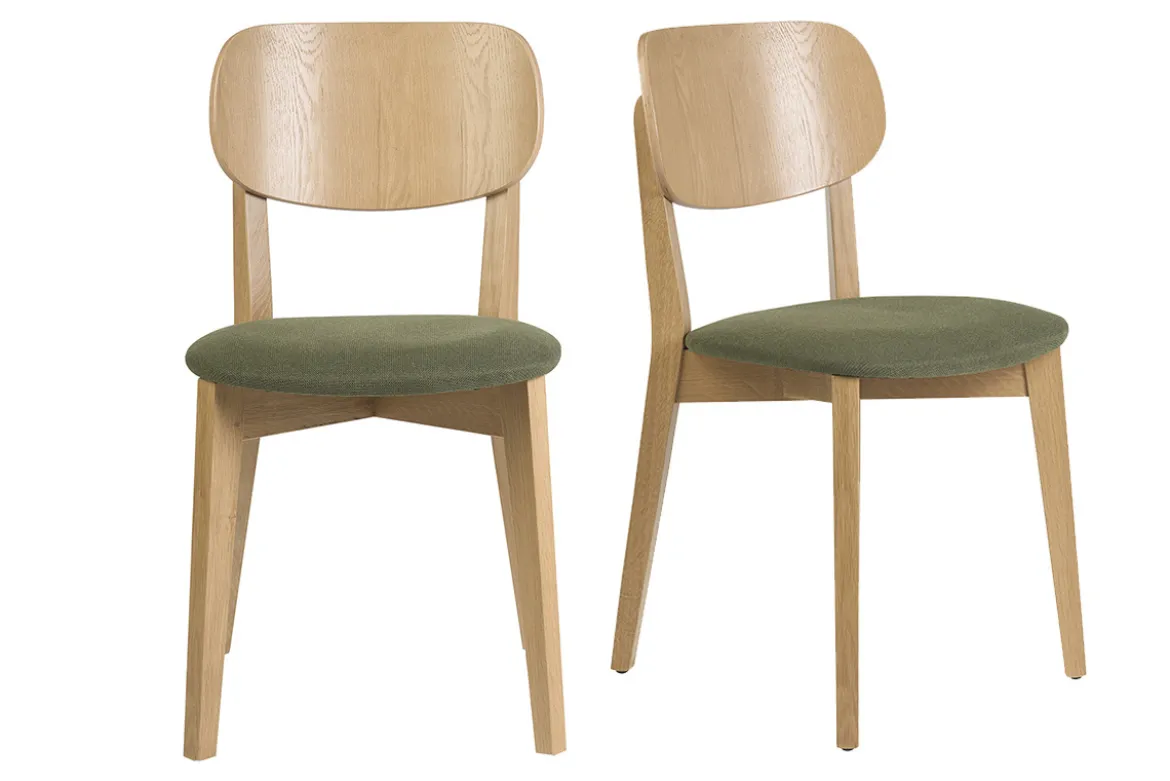 Chaises vintage en bois clair chêne et tissu effet velours texturé vert kaki (lot de 2) LUCIA