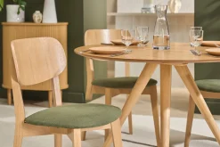 Chaises vintage en bois clair chêne et tissu effet velours texturé vert kaki (lot de 2) LUCIA