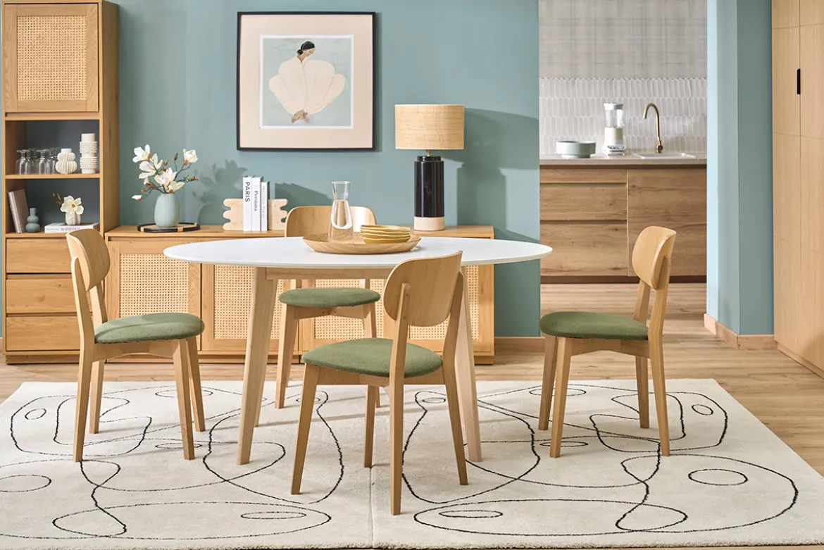 Chaises vintage en bois clair chêne et tissu effet velours texturé vert kaki (lot de 2) LUCIA