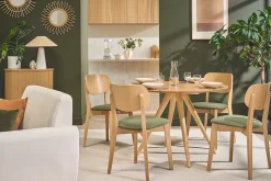 Chaises vintage en bois clair chêne et tissu effet velours texturé vert kaki (lot de 2) LUCIA
