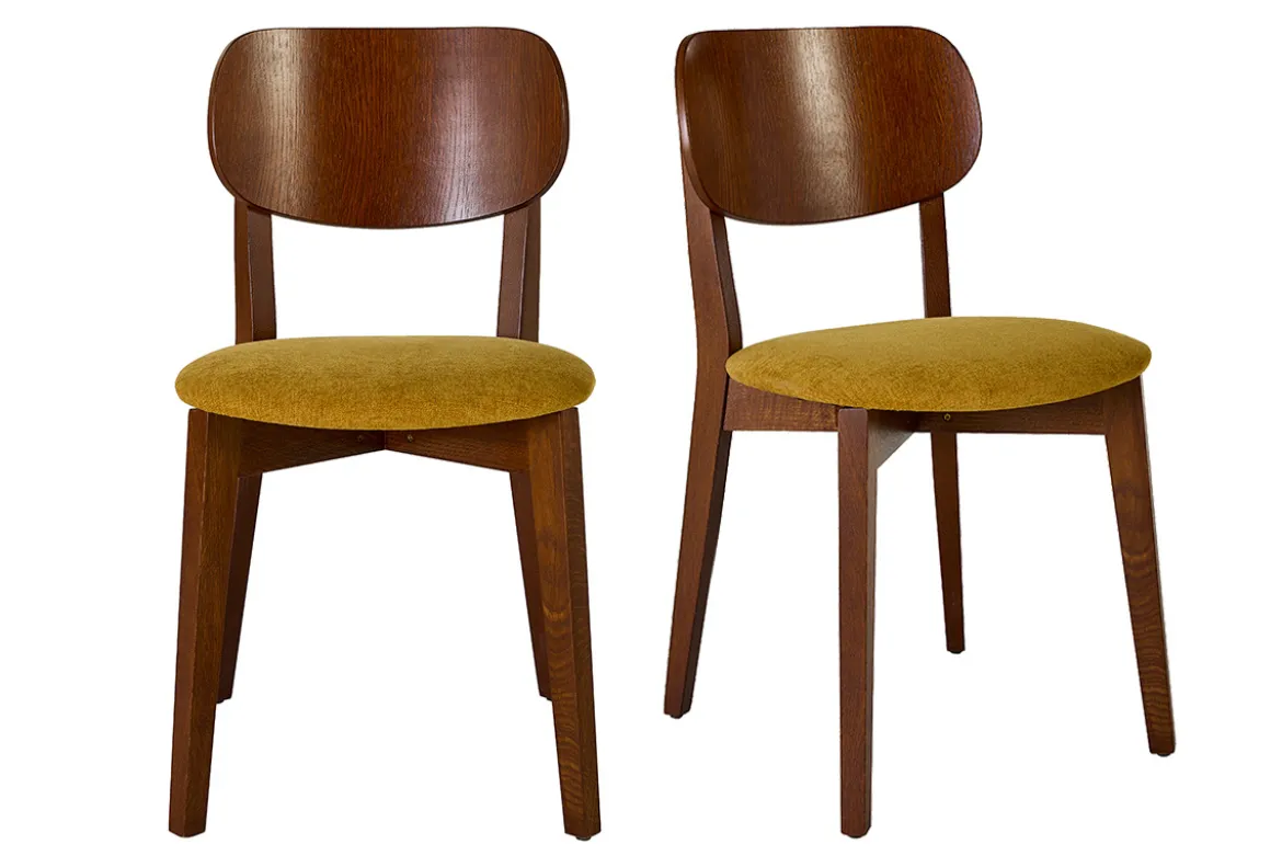 Chaises vintage en bois foncé chêne et tissu effet velours jaune moutarde (lot de 2) LUCIA