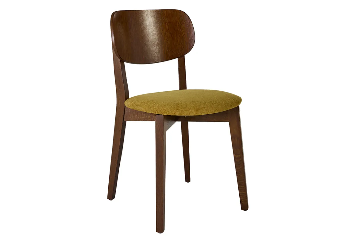 Chaises vintage en bois foncé chêne et tissu effet velours jaune moutarde (lot de 2) LUCIA