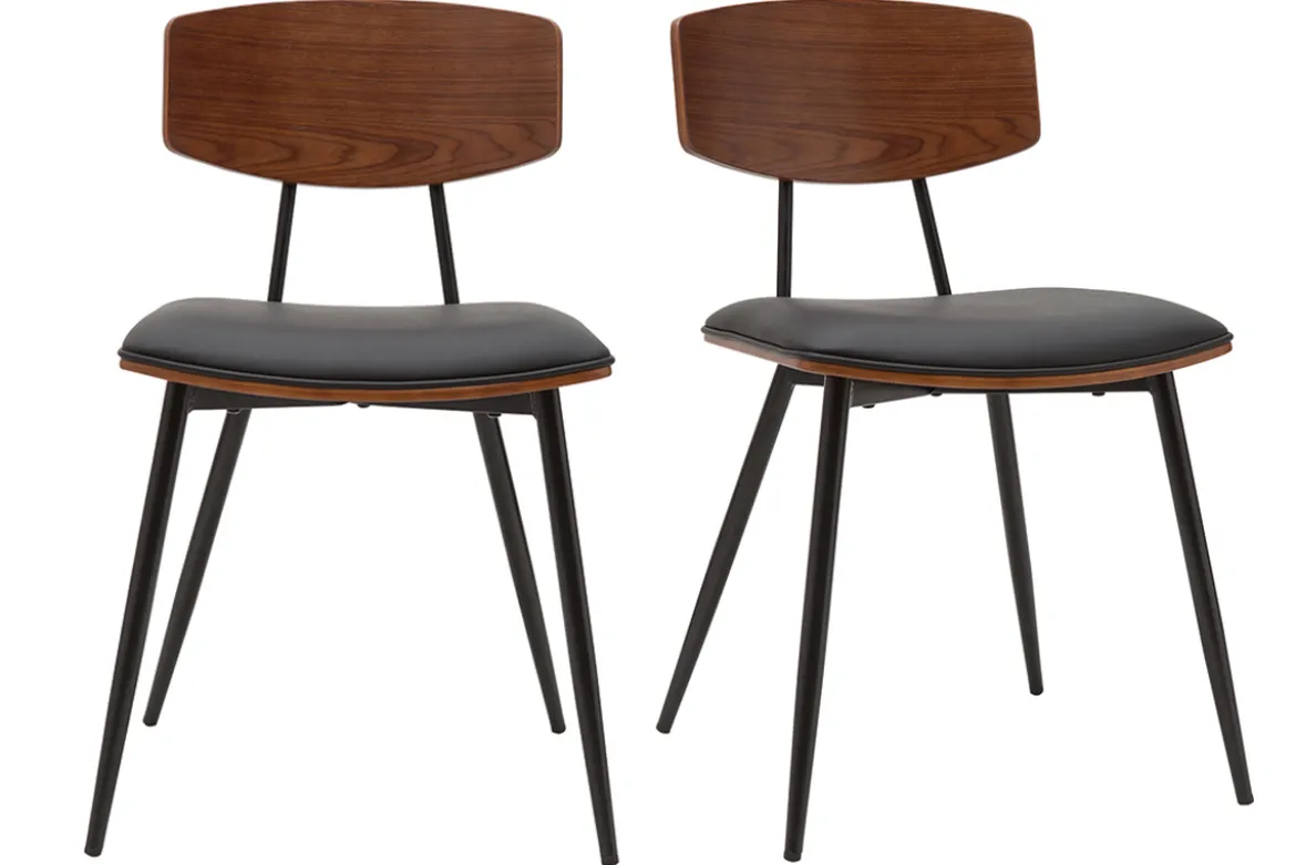 Chaises vintage en bois foncé noyer assises noires et métal noir (lot de 2) JOLINE