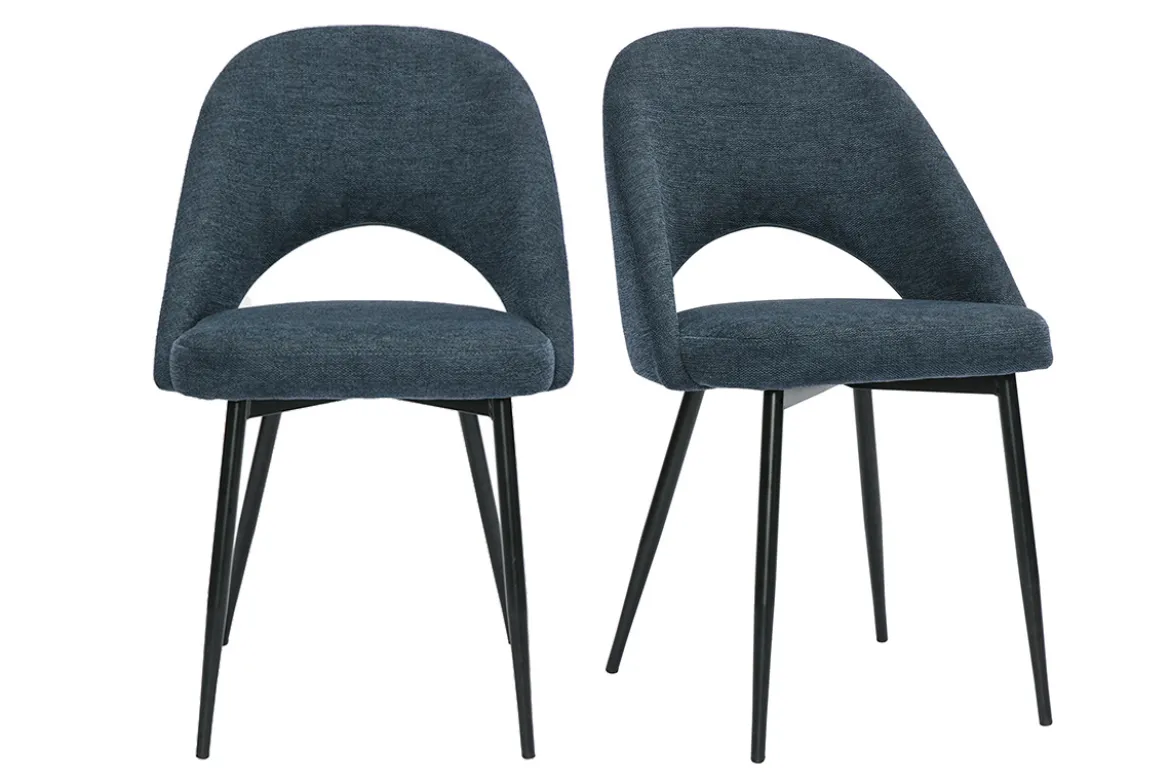 Chaises vintage en tissu effet velours texturé bleu foncé et métal noir (lot de 2) COSETTE