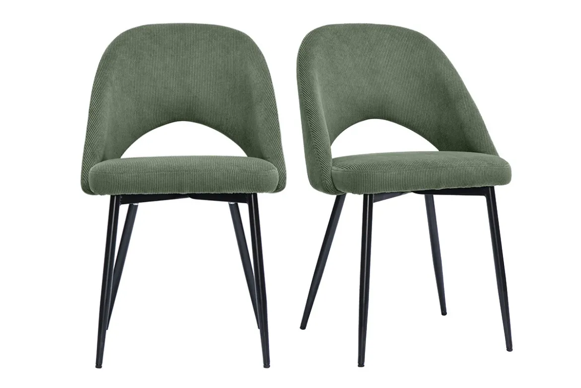 Chaises vintage en tissu velours côtelé vert kaki et métal noir (lot de 2) COSETTE