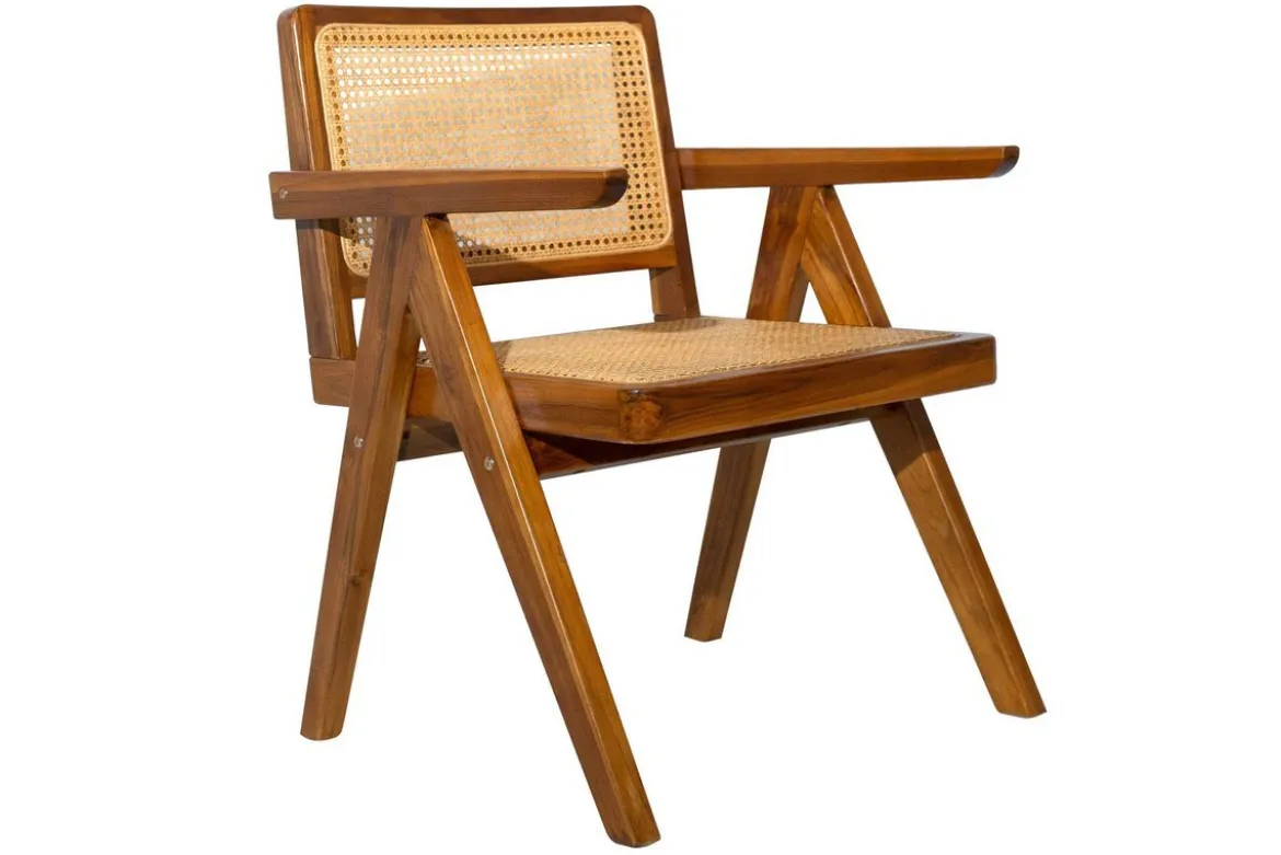 Chaise vintage en bois teck massif et cannage rotin JANNIE
