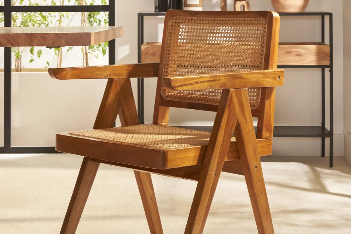 Chaise vintage en bois teck massif et cannage rotin JANNIE