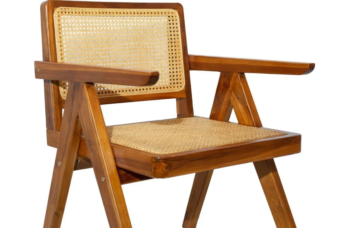 Chaise vintage en bois teck massif et cannage rotin JANNIE