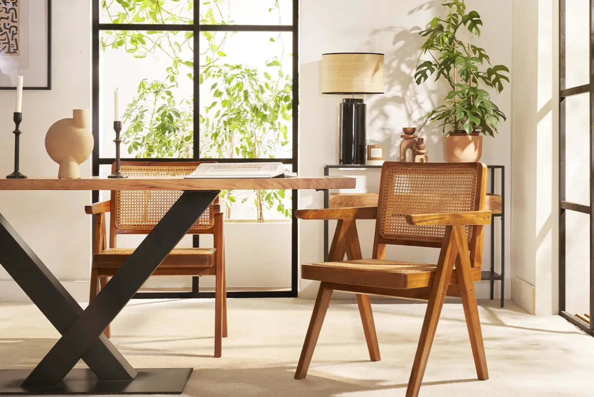 Chaise vintage en bois teck massif et cannage rotin JANNIE
