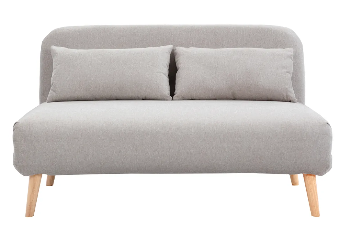 Chauffeuse 2 places convertible en tissu effet velours texturé beige et bois clair AMIKO