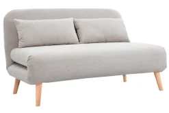Chauffeuse 2 places convertible en tissu effet velours texturé beige et bois clair AMIKO