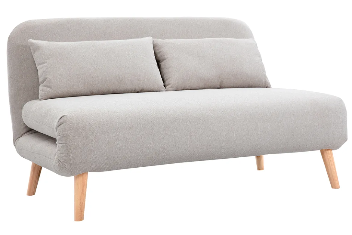 Chauffeuse 2 places convertible en tissu effet velours texturé beige et bois clair AMIKO