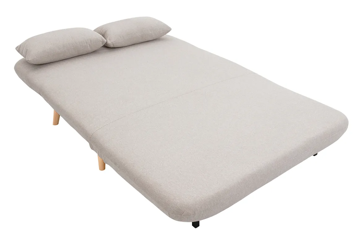Chauffeuse 2 places convertible en tissu effet velours texturé beige et bois clair AMIKO