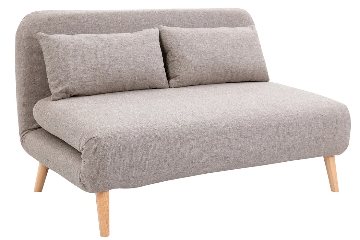 Chauffeuse 2 places convertible en tissu taupe et bois clair AMIKO