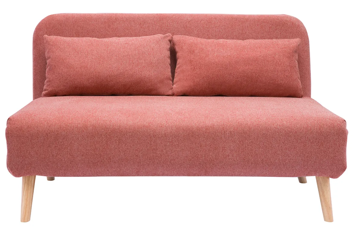 Chauffeuse 2 places convertible en tissu effet velours texturé terracotta et bois clair AMIKO