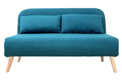 Chauffeuse 2 places convertible en tissu bleu canard et bois clair AMIKO