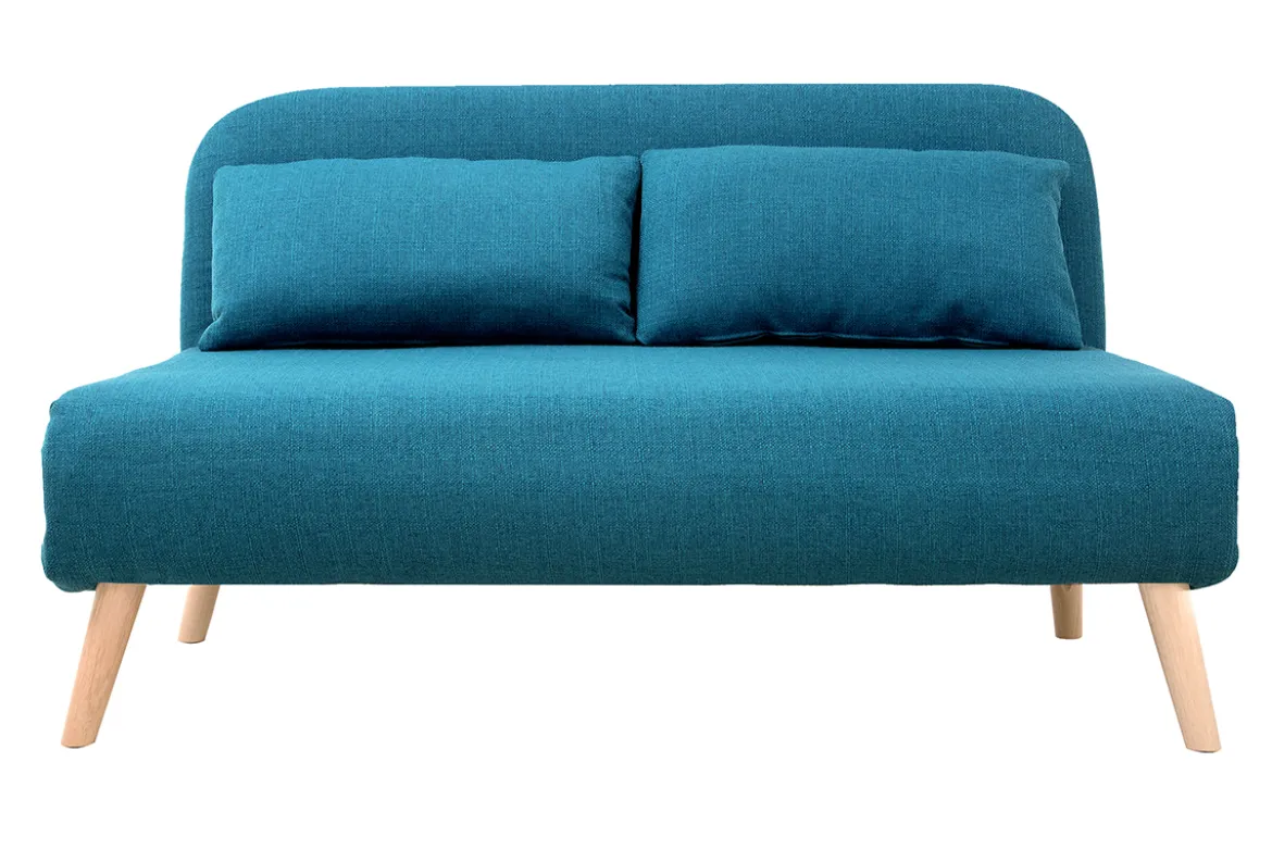 Chauffeuse 2 places convertible en tissu bleu canard et bois clair AMIKO