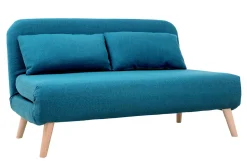 Chauffeuse 2 places convertible en tissu bleu canard et bois clair AMIKO