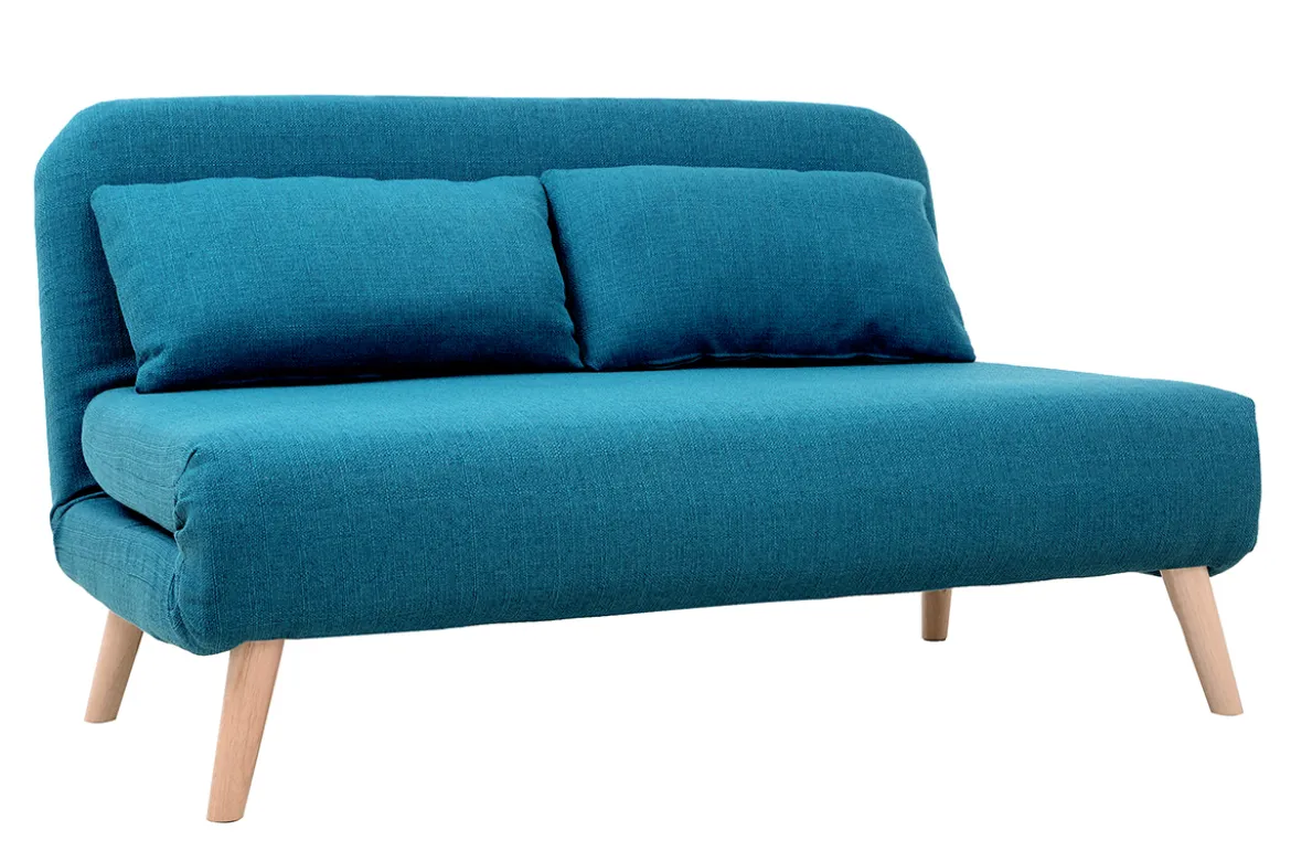 Chauffeuse 2 places convertible en tissu bleu canard et bois clair AMIKO