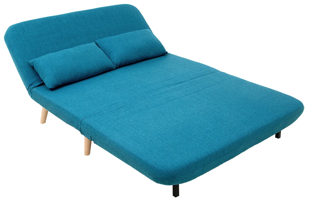 Chauffeuse 2 places convertible en tissu bleu canard et bois clair AMIKO