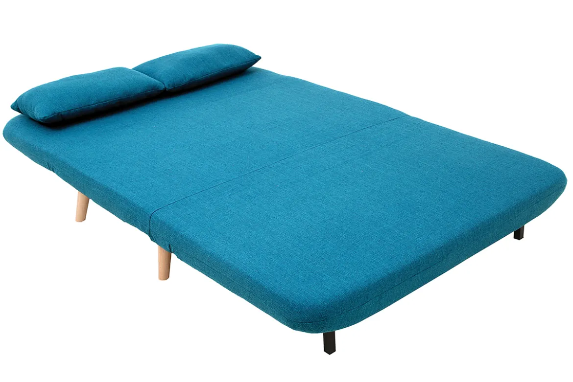 Chauffeuse 2 places convertible en tissu bleu canard et bois clair AMIKO