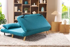 Chauffeuse 2 places convertible en tissu bleu canard et bois clair AMIKO