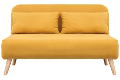 Chauffeuse 2 places convertible en tissu effet velours moutarde et bois clair AMIKO