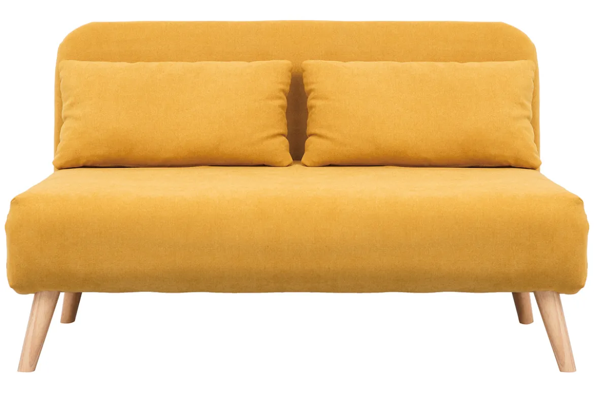 Chauffeuse 2 places convertible en tissu effet velours moutarde et bois clair AMIKO