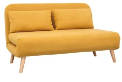 Chauffeuse 2 places convertible en tissu effet velours moutarde et bois clair AMIKO