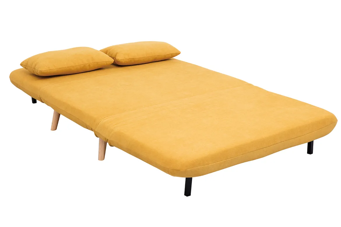 Chauffeuse 2 places convertible en tissu effet velours moutarde et bois clair AMIKO