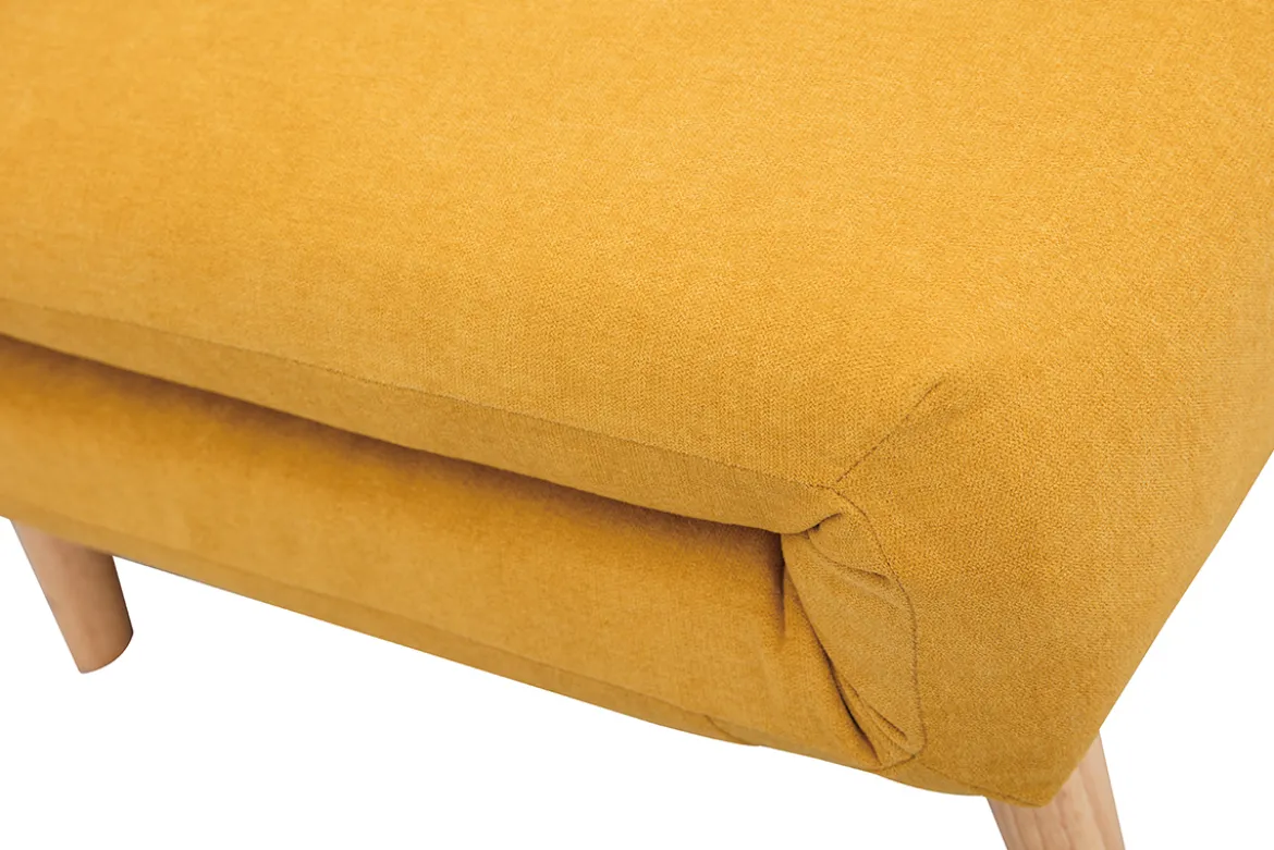 Chauffeuse 2 places convertible en tissu effet velours moutarde et bois clair AMIKO