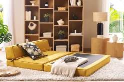 Chauffeuse 2 places convertible en tissu effet velours jaune moutarde KATY