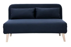 Chauffeuse 2 places convertible en tissu bleu foncé et bois clair AMIKO
