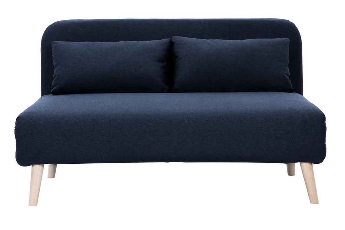 Chauffeuse 2 places convertible en tissu bleu foncé et bois clair AMIKO