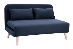 Chauffeuse 2 places convertible en tissu bleu foncé et bois clair AMIKO