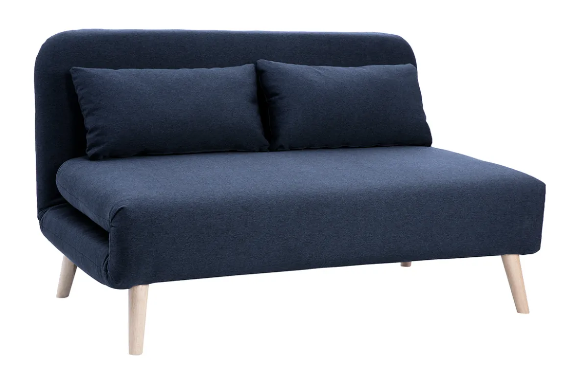 Chauffeuse 2 places convertible en tissu bleu foncé et bois clair AMIKO