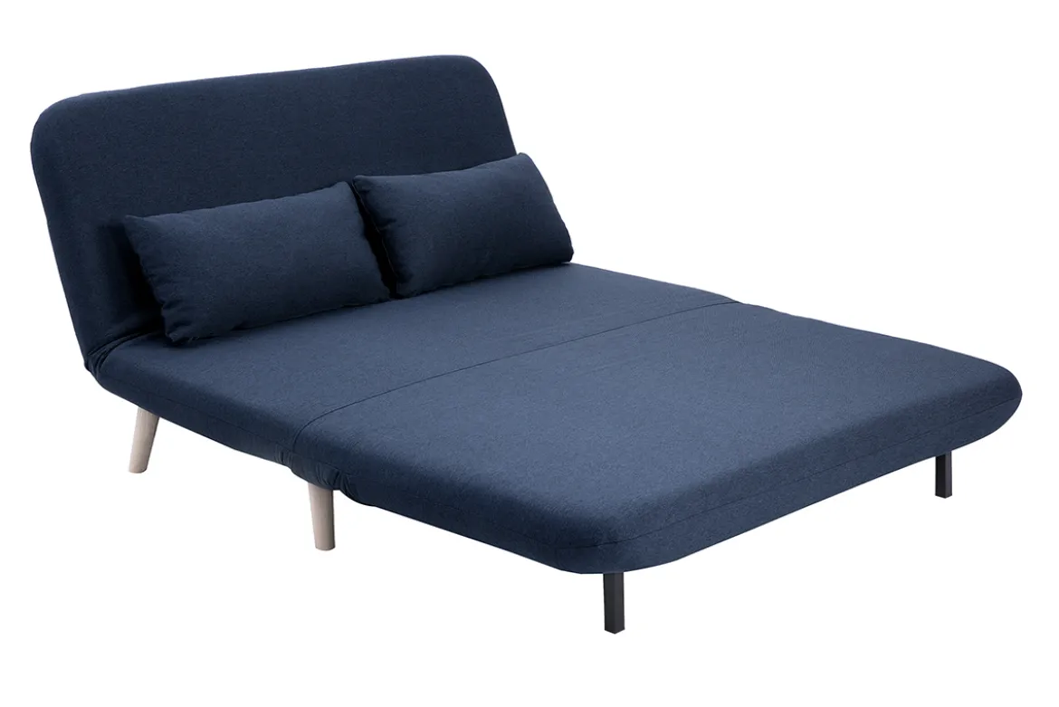 Chauffeuse 2 places convertible en tissu bleu foncé et bois clair AMIKO