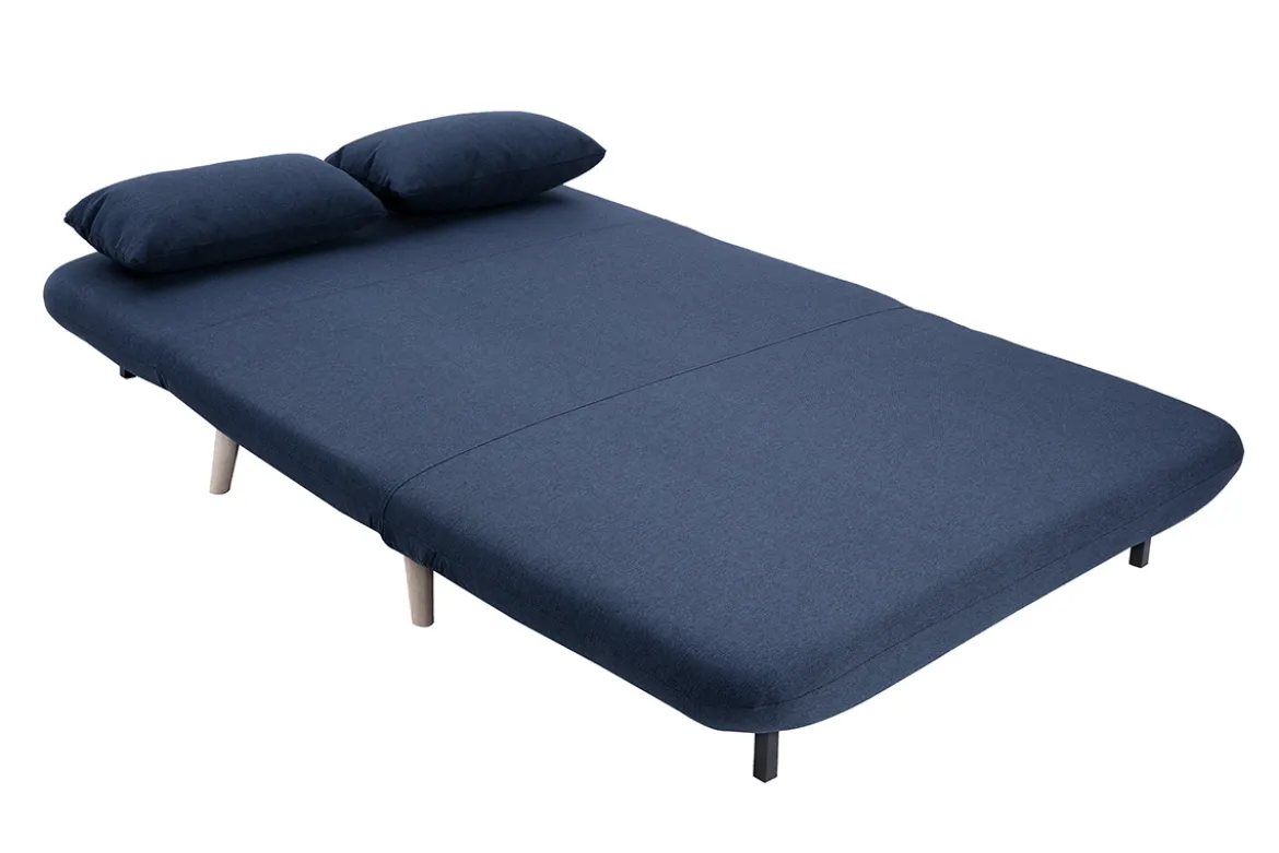 Chauffeuse 2 places convertible en tissu bleu foncé et bois clair AMIKO