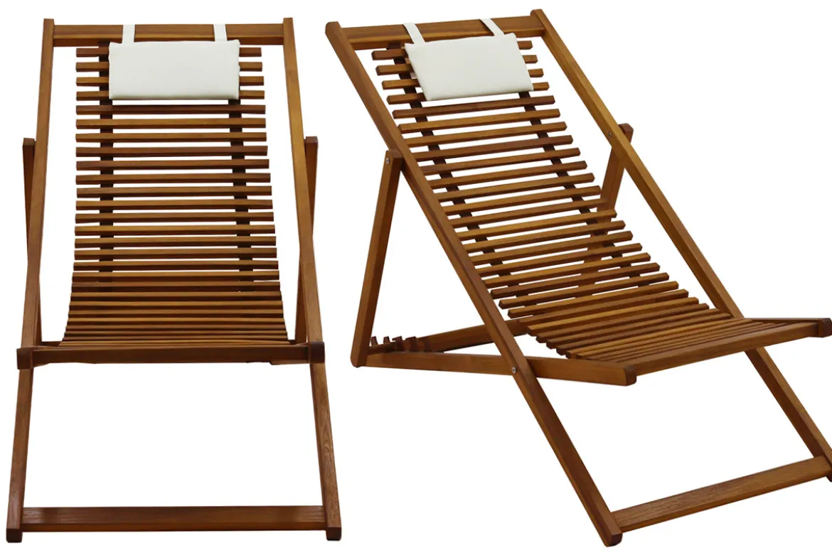 Chiliennes en bois massif avec coussin en tissu blanc (lot 2) MOONA