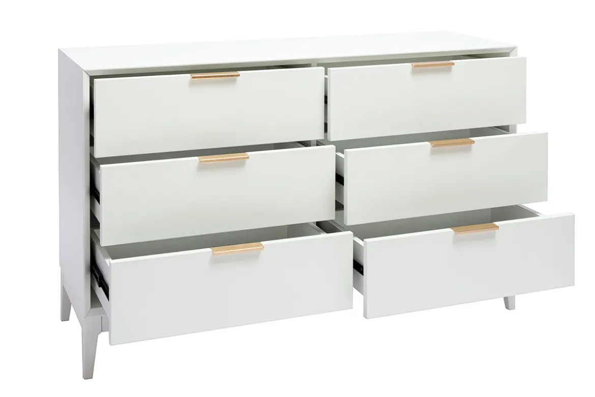 Commode blanche mat et métal doré 6 tiroirs L120 cm GIANA