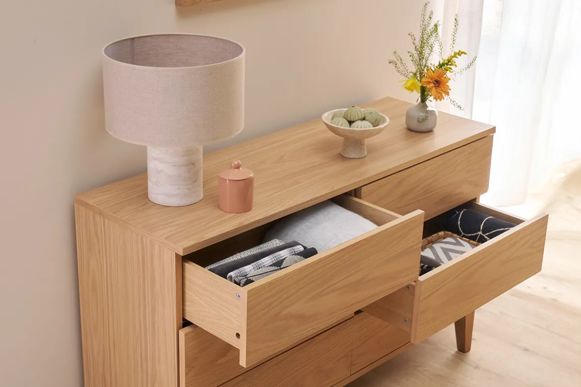 Commode en bois clair chêne 6 tiroirs L120 cm FREDDY