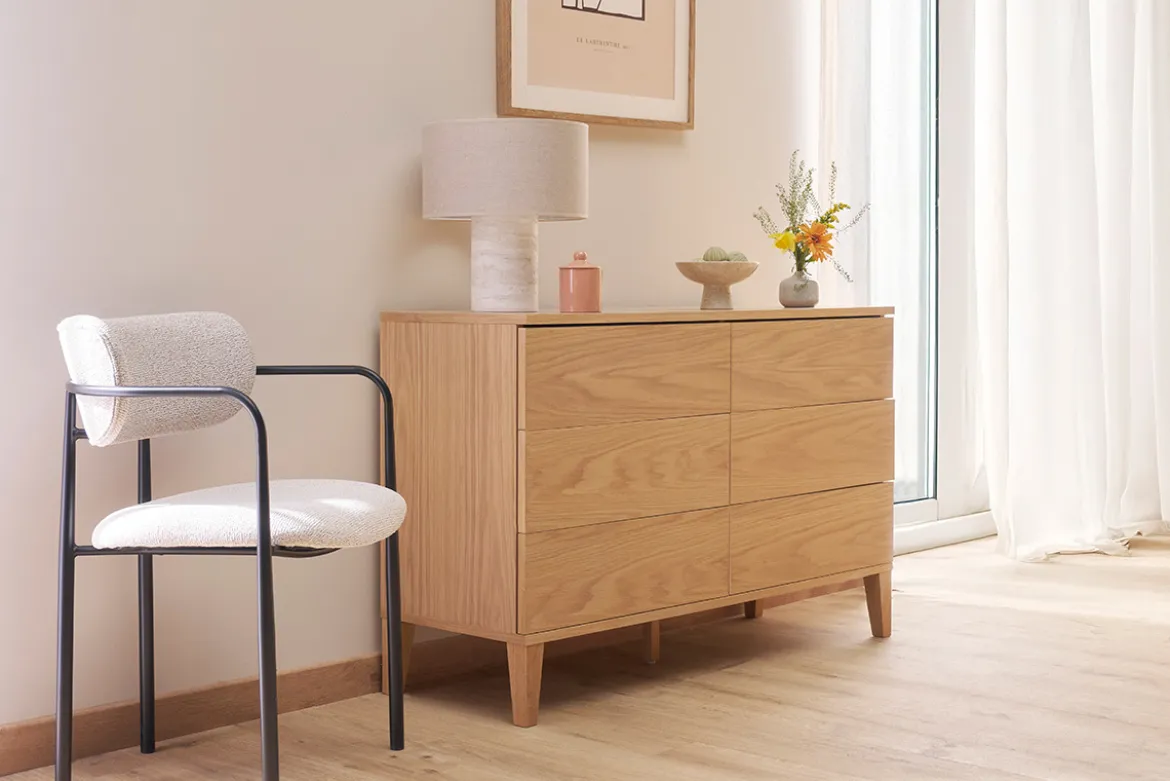 Commode en bois clair chêne 6 tiroirs L120 cm FREDDY