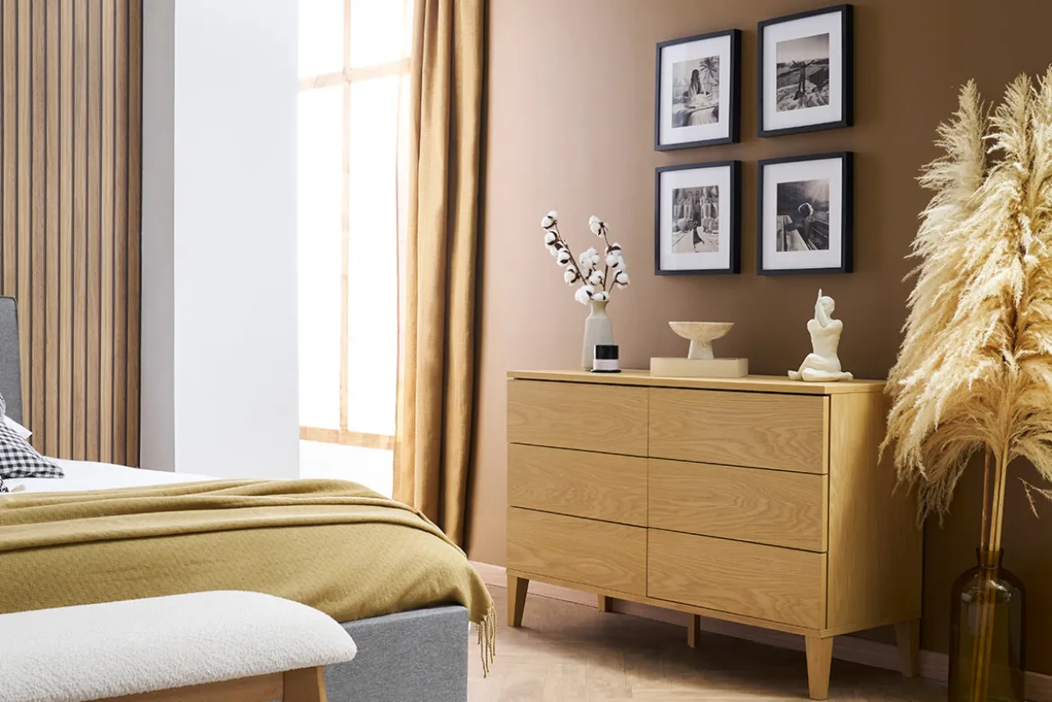 Commode en bois clair chêne 6 tiroirs L120 cm FREDDY