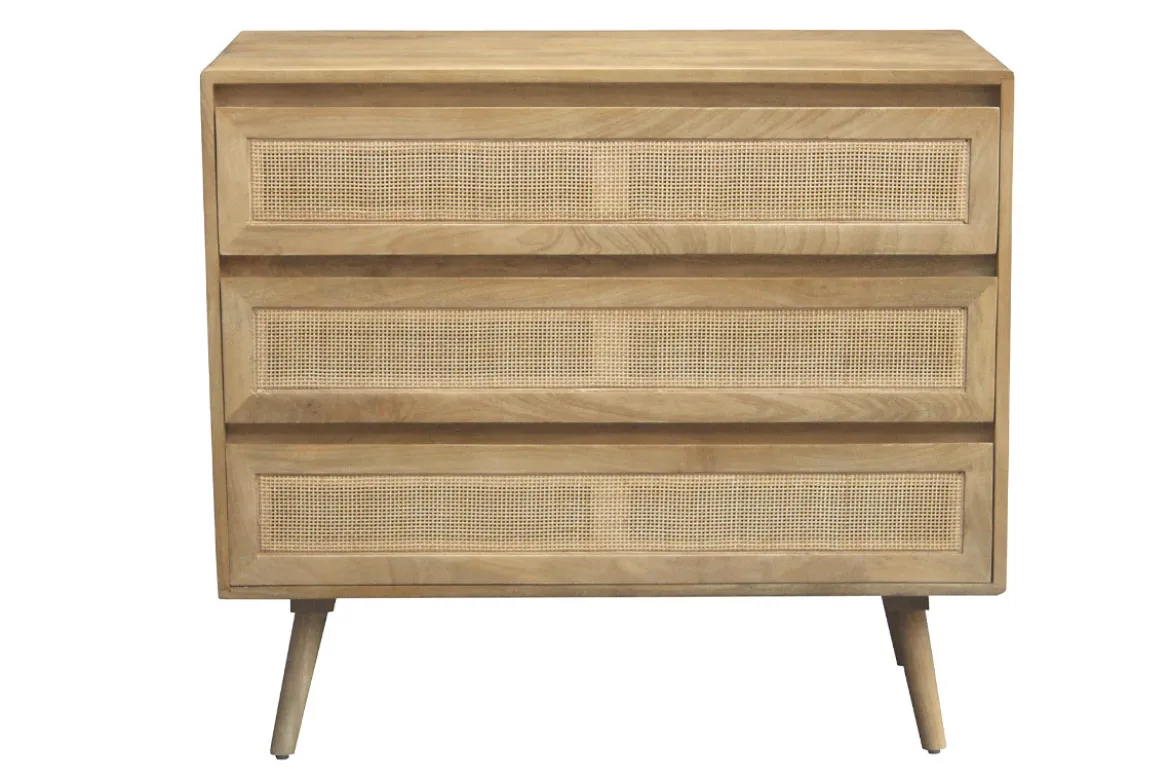 Commode en bois manguier massif et cannage rotin 3 tiroirs L90 cm ACANGE