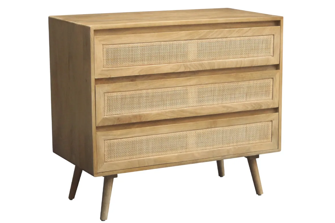 Commode en bois manguier massif et cannage rotin 3 tiroirs L90 cm ACANGE