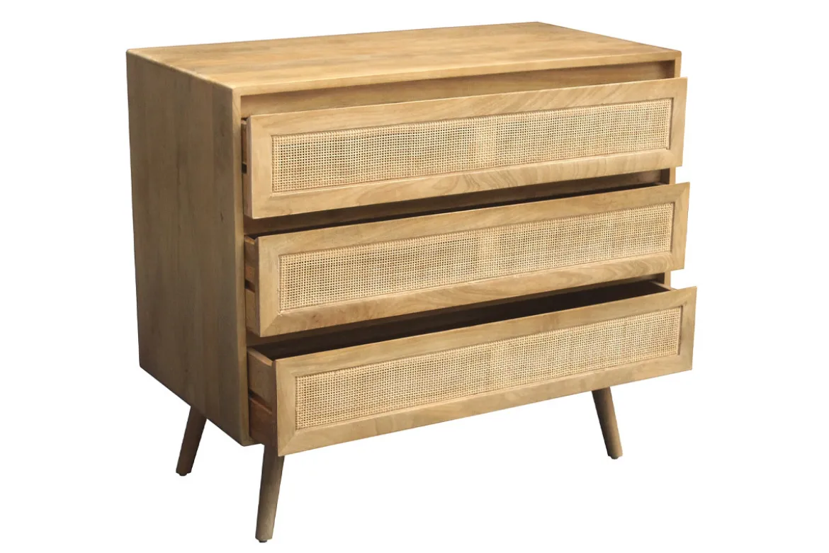 Commode en bois manguier massif et cannage rotin 3 tiroirs L90 cm ACANGE