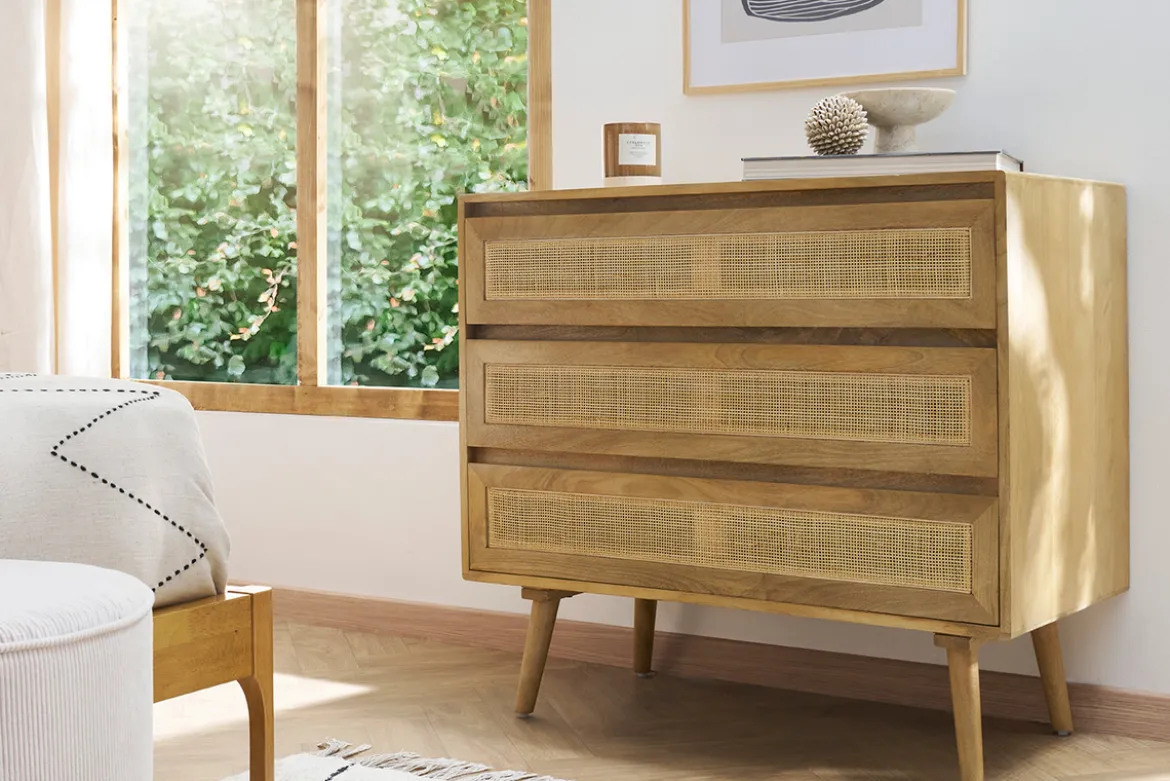 Commode en bois manguier massif et cannage rotin 3 tiroirs L90 cm ACANGE