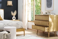 Commode en bois manguier massif et cannage rotin 3 tiroirs L90 cm ACANGE