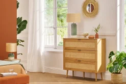 Commode finition bois clair, cannage en rotin et métal noir 3 tiroirs L100 cm MANILLE