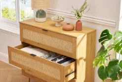 Commode finition bois clair, cannage en rotin et métal noir 3 tiroirs L100 cm MANILLE